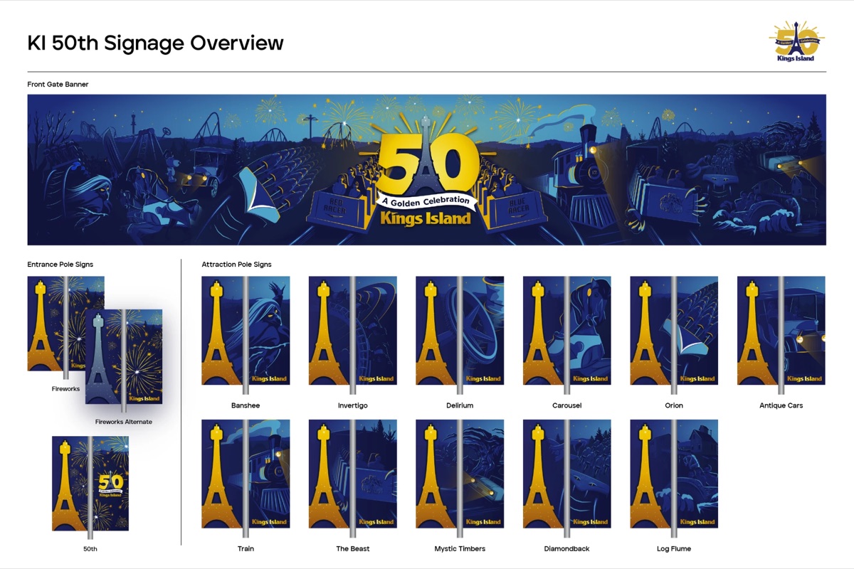 Kings Island 50th anniversary signage: a front gate banner and attraction pole signs in deep blue and gold.
