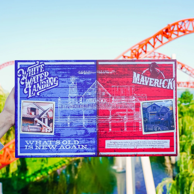 Pursuit of Thrills canvas of White Water Landing and Maverick, held up in front of Maverick’s red track at Cedar Point.