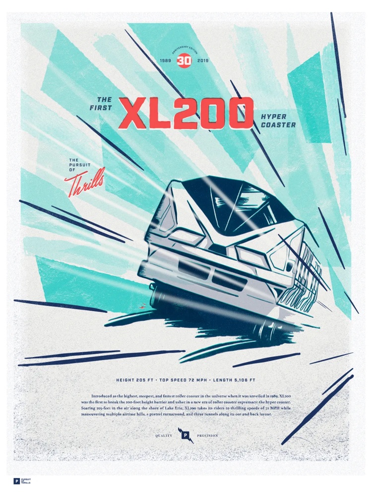 Pursuit of Thrills poster for the 30th anniversary of XL200, the first hyper coaster: its train racing through teal light.