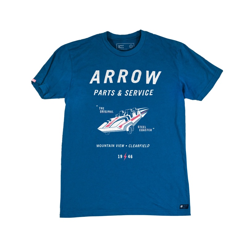 Pursuit of Thrills “Arrow Parts & Service” t-shirt in blue.