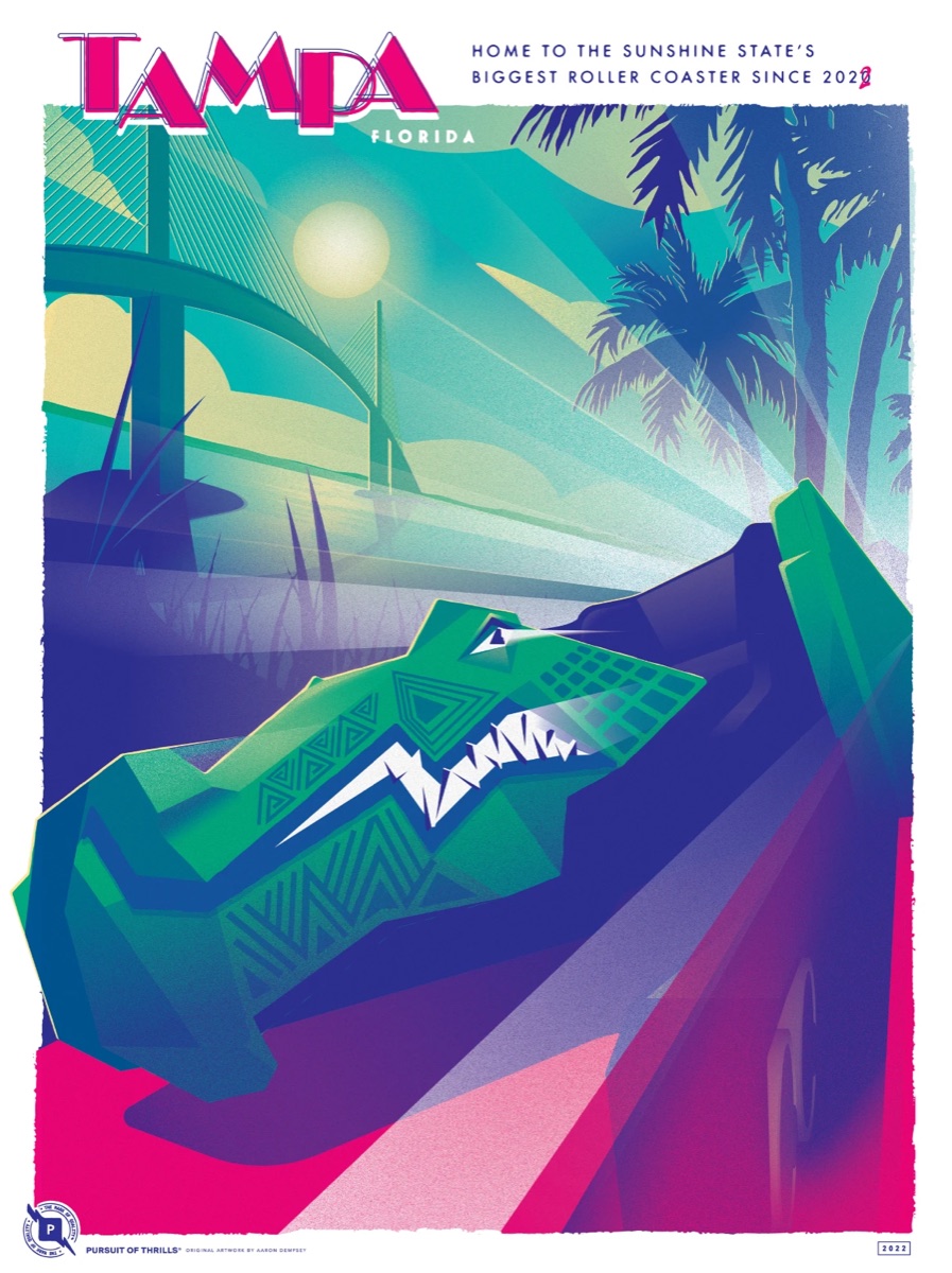 Pursuit of Thrills poster of Tampa, Florida: a geometric green alligator coaster train below the Sunshine Skyway Bridge and palm trees, in teal, indigo and magenta.